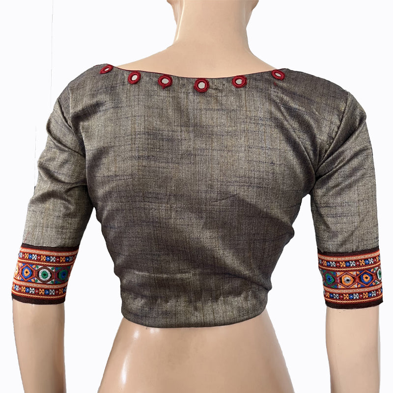 Khadi Cotton Squareneck Blouse with Woven Thread Lace Border, Mirror Work Details & Lining,  Bluish Grey, BW1138