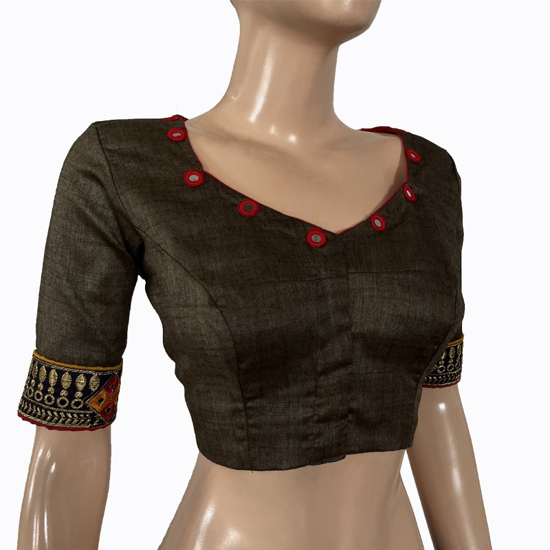 Khadi Cotton Sweetheart neck Blouse with  Embroidered Lace Border, Mirror Work Details & Lining,  Grey, BW1139