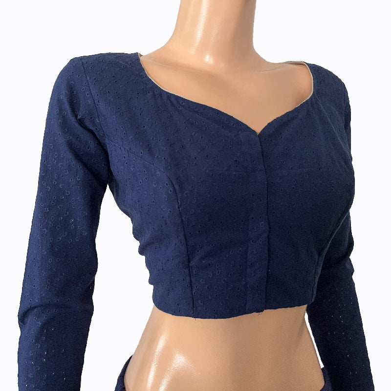 Hakoba Cotton Y neck Blouse with Full Sleeves & Lining,  Navy blue, BW1140