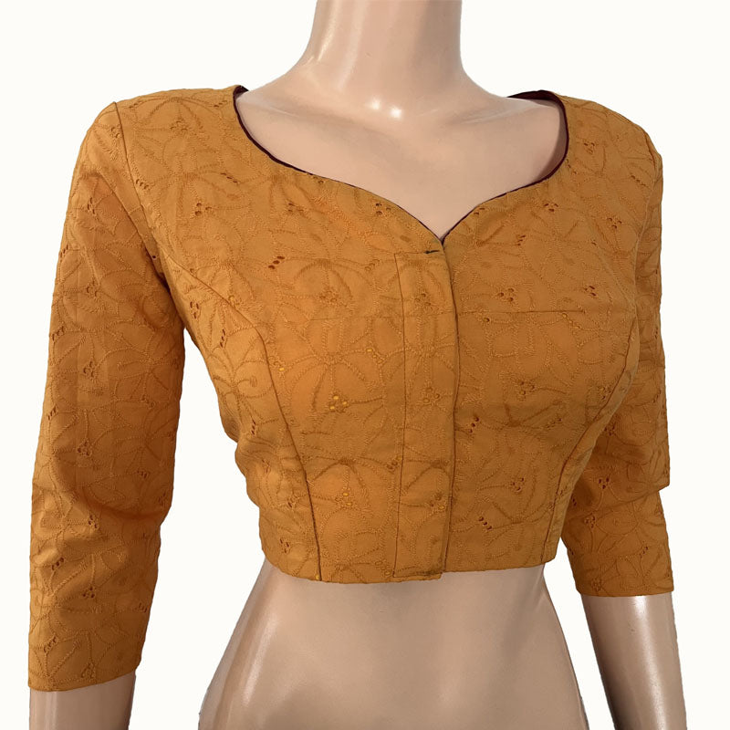 Hakoba Cutwork Cotton Y neck Blouse with  Lining,  Mustard Yellow, BW1141