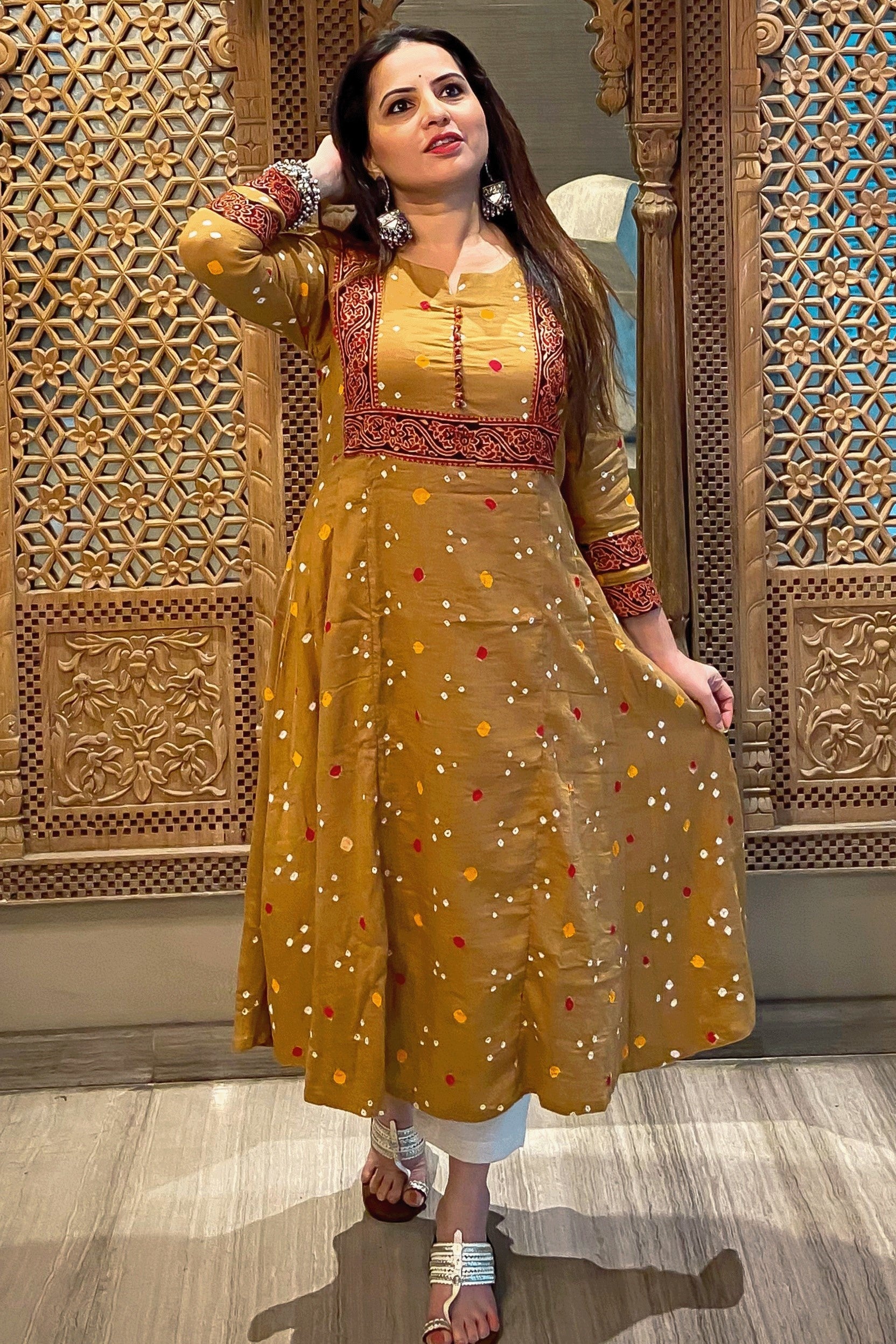 Bandhani Cotton Paneled Kurta with Ajrakh Patches & Potli Button Details, Beige - Brown, KP1068