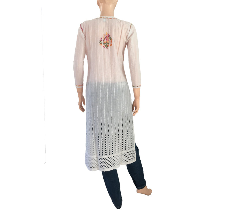 Cotton Chikankari Cutwork Straight cut Kurti, White, KC1021