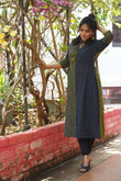 Woven Handloom Striped Tie-up neck Kurta with Threadwork, Navy blue - Yellow, KH1055