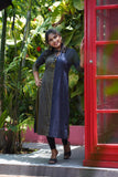 Woven Handloom Striped Tie-up neck Kurta with Threadwork, Navy blue - Yellow, KH1055