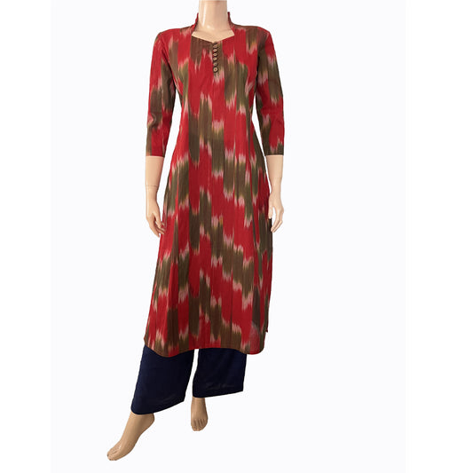 Mangalgiri  Tie - dye Handloom Straight cut Kurta,  Red - Green,  KH1069