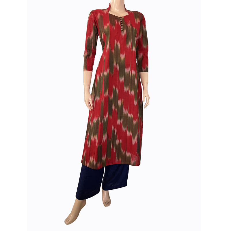 Mangalgiri  Tie - dye Handloom Straight cut Kurta,  Red - Green,  KH1069