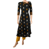 Ikat Cotton Kurta with Triangular Neck & Wooden Button Details, Black, KI1018