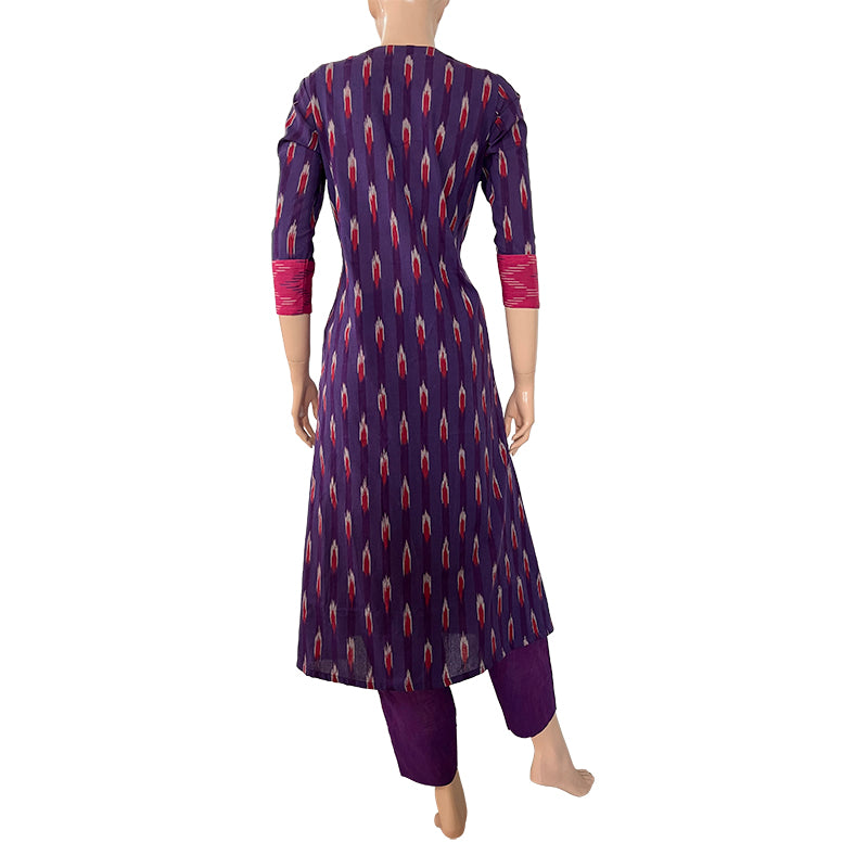 Ikat Cotton A line Kurta with Triangular Neck & Wooden Button Details, Purple, KI1022