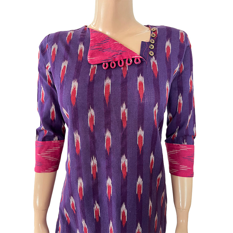 Ikat Cotton A line Kurta with Triangular Neck & Wooden Button Details, Purple, KI1022