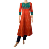 Ikat Cotton Scallopneck A line Kurta with Phoolkari Lace Details,  Orange, KI1024