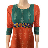 Ikat Cotton Scallopneck A line Kurta with Phoolkari Lace Details,  Orange, KI1024