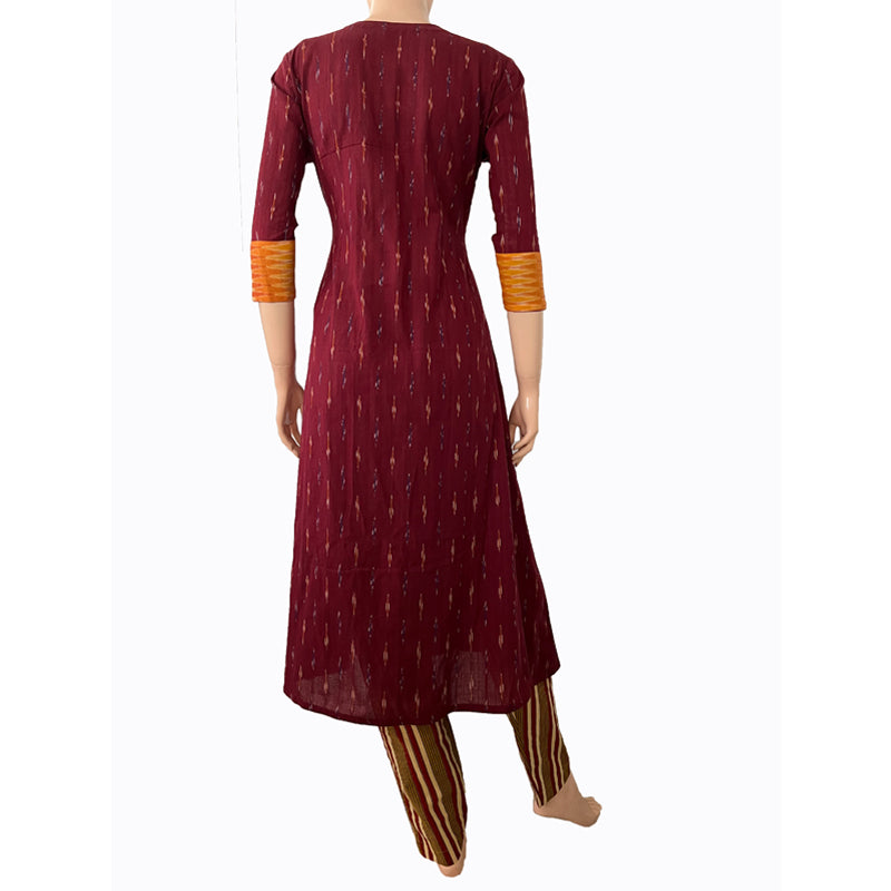 Ikat Cotton A line  Kurta with Triangular neck & Wooden Button Details,   Maroon,  KI1029