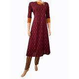 Ikat Cotton A line  Kurta with Triangular neck & Wooden Button Details,   Maroon,  KI1029