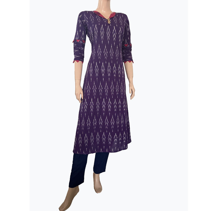 Ikat Cotton A line  Kurta with  V neck & Wooden Button Details,   Purple,  KI1031