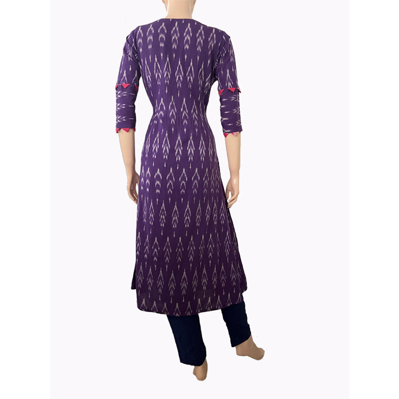 Ikat Cotton A line  Kurta with  V neck & Wooden Button Details,   Purple,  KI1031