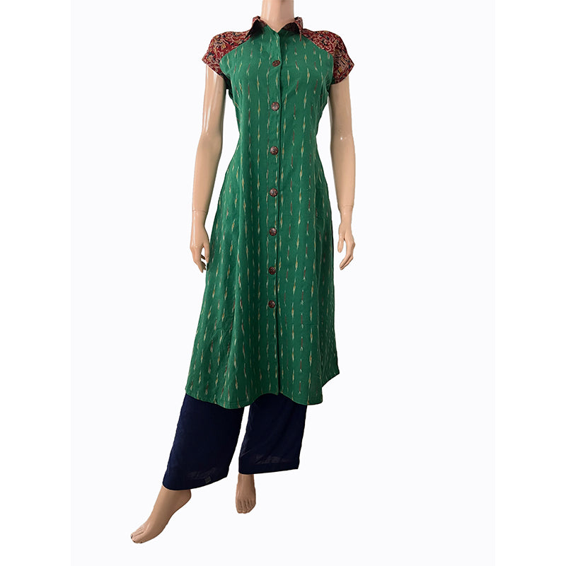 Ikat Cotton Paneled A line Kurta with Shirt Collar, Mega Sleeves & Kalamkari Patches,   Green,  KI1032