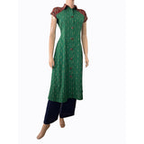 Ikat Cotton Paneled A line Kurta with Shirt Collar, Mega Sleeves & Kalamkari Patches,   Green,  KI1032