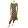 Scallopneck Cotton Kurta with Kalamkari Panel, Yellow - Olive Green, KK1040