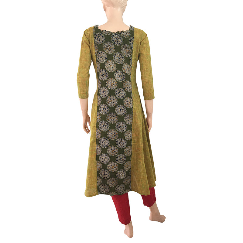 Scallopneck Cotton Kurta with Kalamkari Panel, Yellow - Olive Green, KK1040