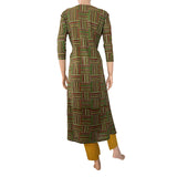 Kalamkari Cotton Striped Diamond neck A line Kurta, Green, KK1064