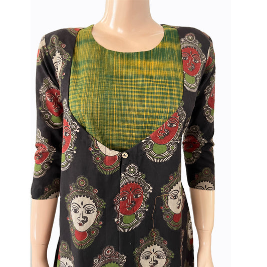 Kalamkari Cotton Roundneck Jacket Style Layered A line  Kurta  ,  Black - Green,  KK1068