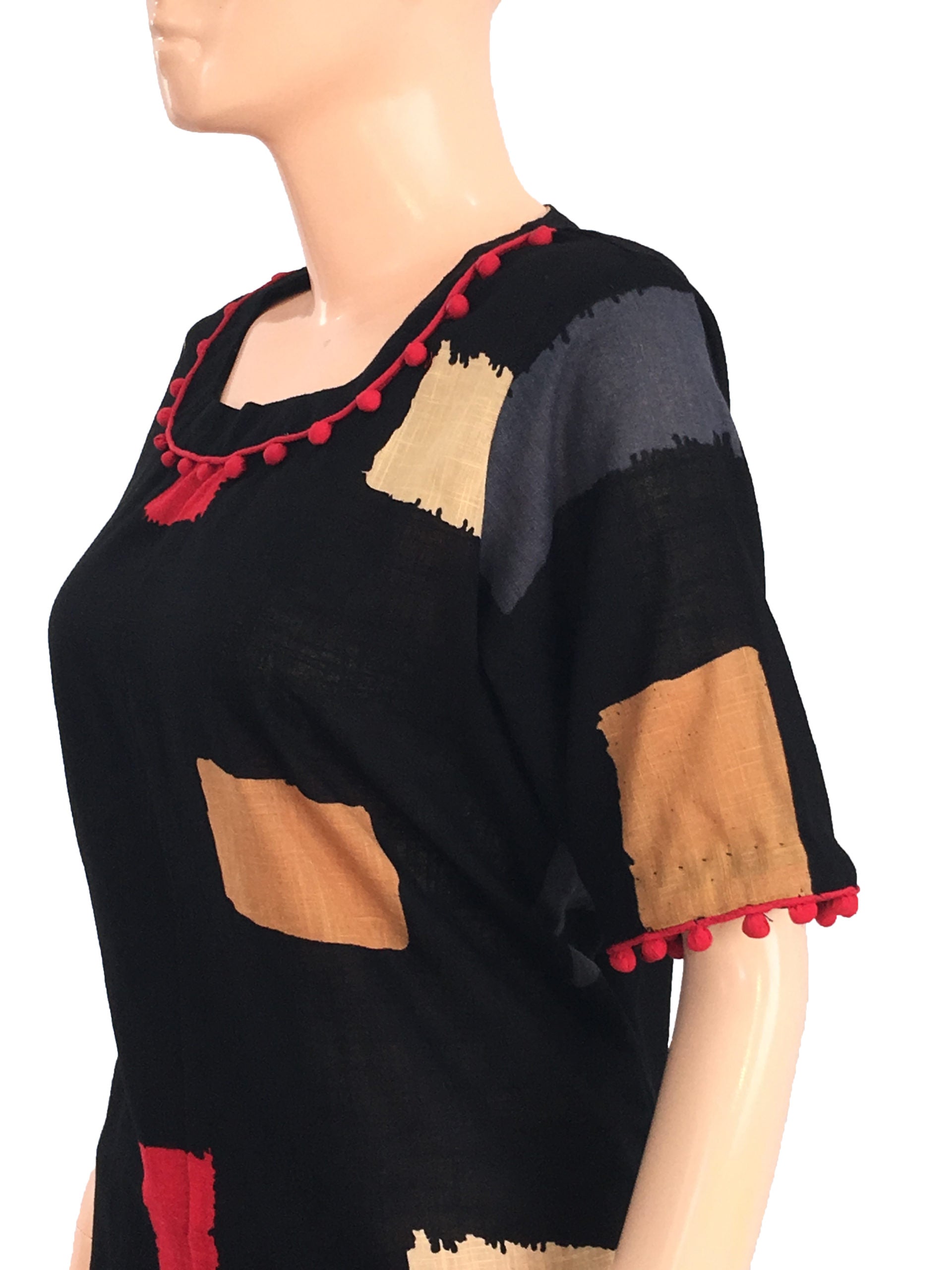 Slub Cotton A-line Designer Kurti with Potli buttons, Black, KP1008