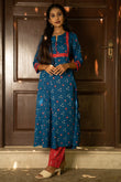 Bandhani Cotton Paneled Kurta with Ikat Patches & Potli Button Details, Blue, KP1070