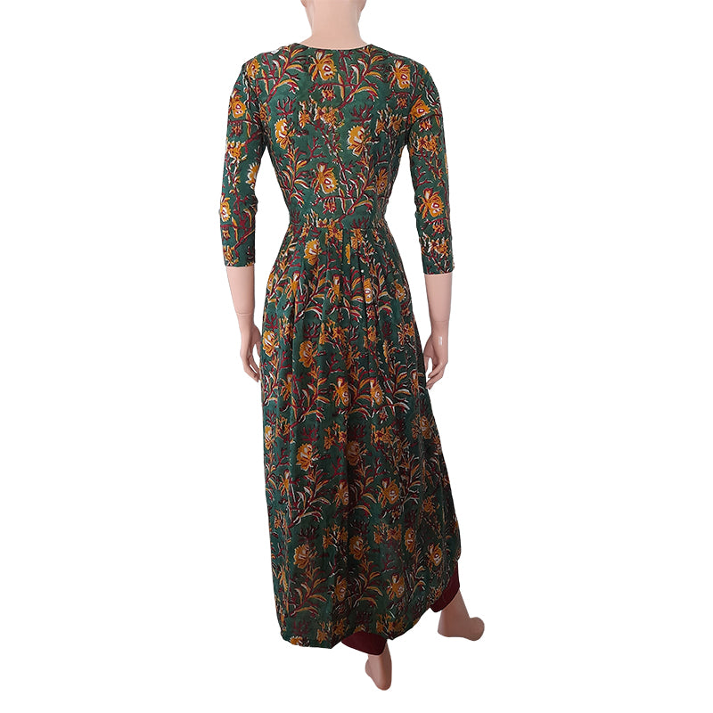 Jaipur Printed Mul Cotton Pleated Kurta with Potli Button Details, Green, KP1074