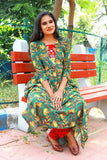 Jaipur Printed Mul Cotton Pleated Kurta with Potli Button Details, Green, KP1074