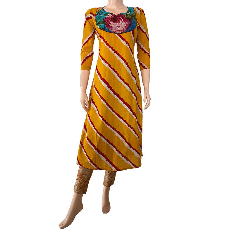 Jaipur  Cotton  Leheriya Printed  Y neck Straight cut Kurta,  Yellow,  KP1076