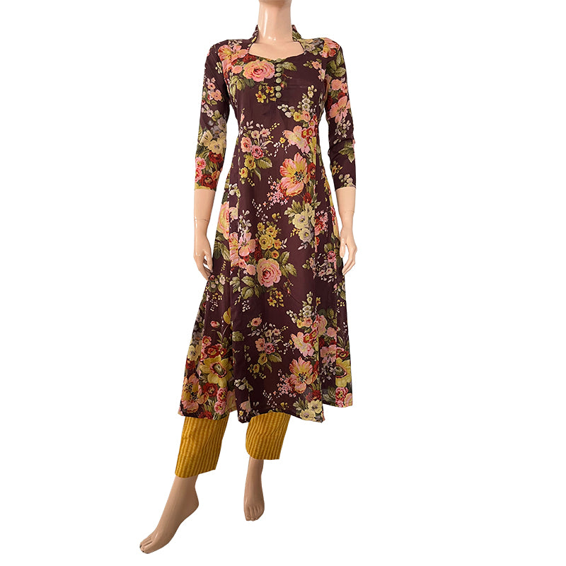 Digital  Printed  Soft Cotton Highneck Panelled  A line Kurta,  Brown, KP1077