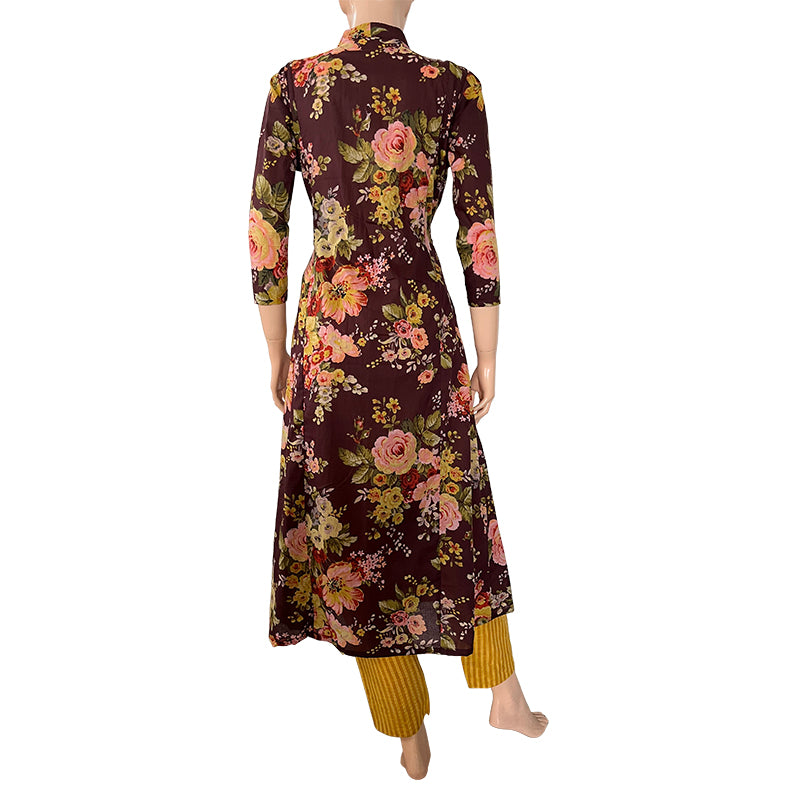 Digital  Printed  Soft Cotton Highneck Panelled  A line Kurta,  Brown, KP1077