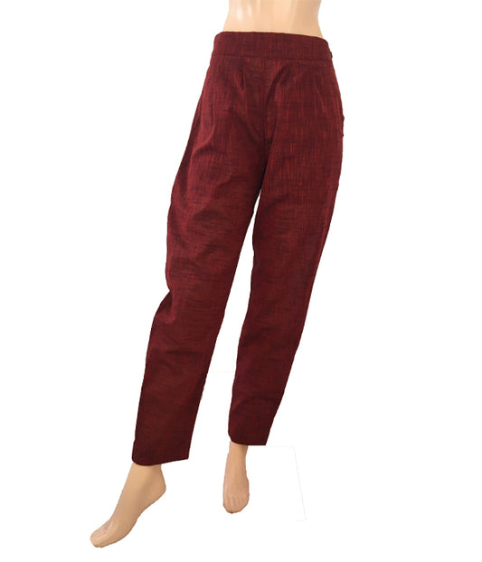 Slub Cotton Pants with Zip Opening & Pockets, Back Elasticated, Maroon, PN1040