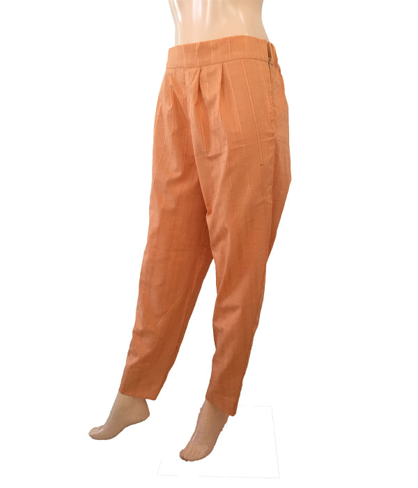 Self Checkered Cotton Pants with Zip Opening & Pockets, Back Elasticated, Peach, PN1042