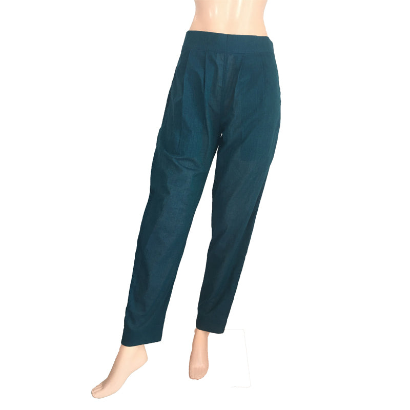 Handloom Cotton Pants with Side Zip & Pockets, Back Elasticated, Bottle Green, PN1049