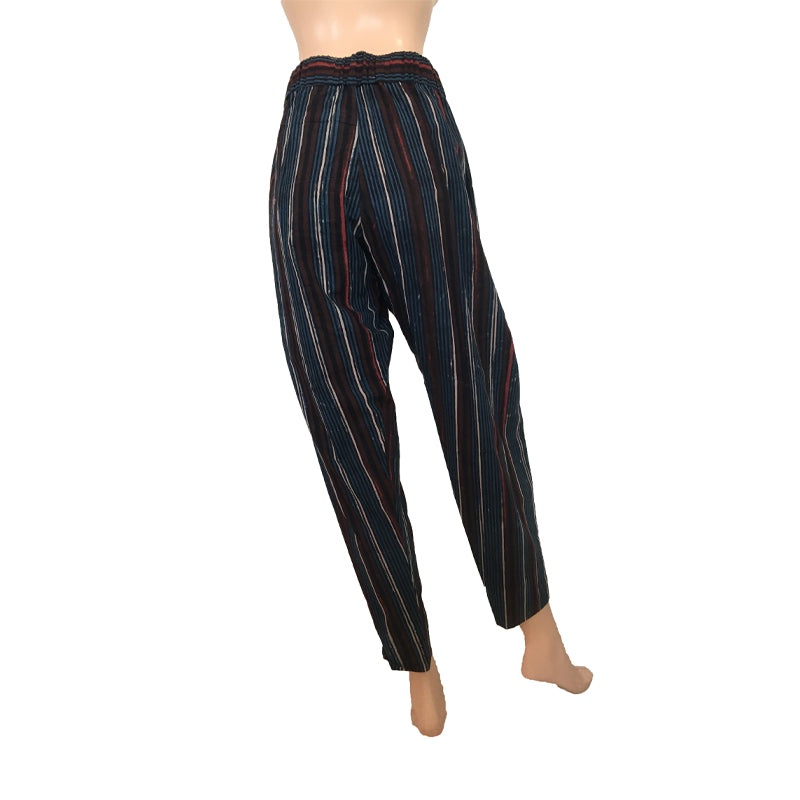 Dhabu Cotton Full Elasticated Pants with Pockets, Striped, Blue - brown, PN1052