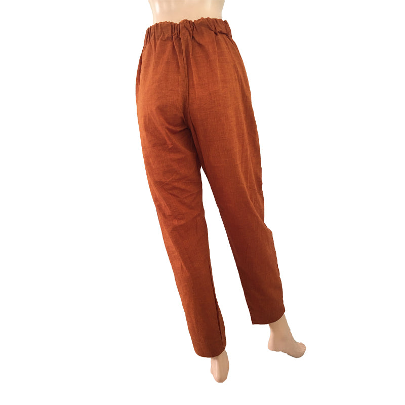 Handloom Cotton Pants with Side Zip & Pockets, Back Elasticated, Mustard - Brown, PN1055