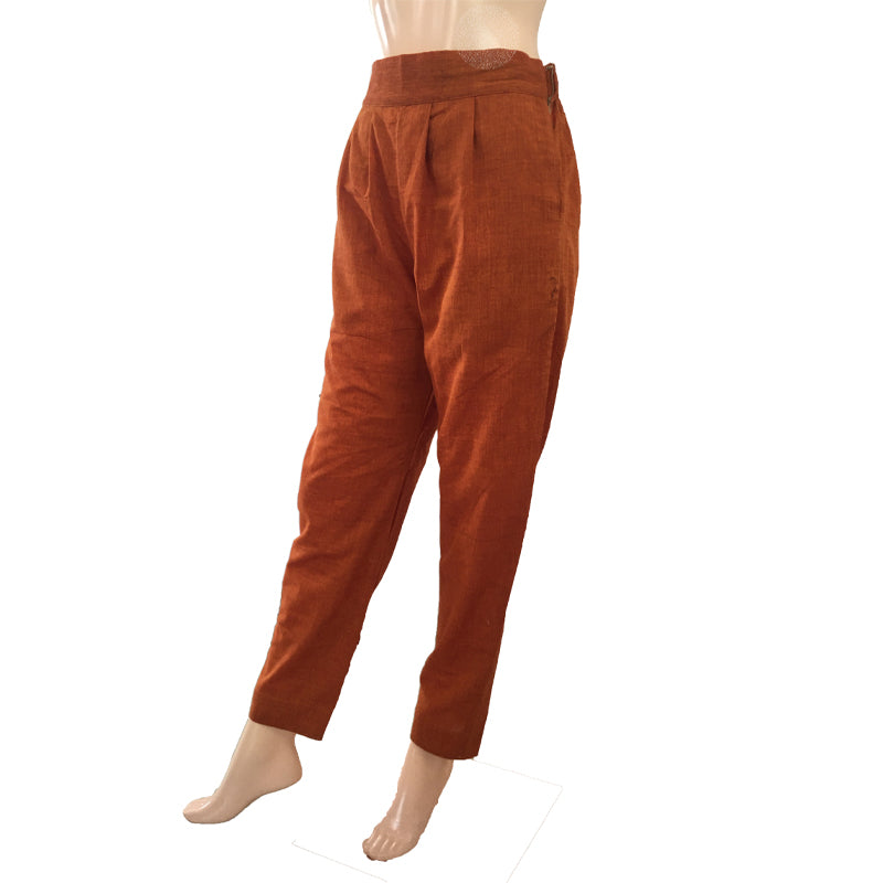 Handloom Cotton Pants with Side Zip & Pockets, Back Elasticated, Mustard - Brown, PN1055