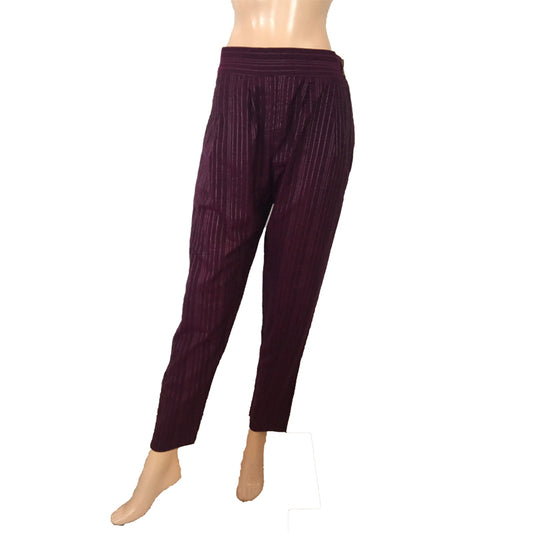 Woven Lurex Cotton Pants with Zari Stripes, Side Zip & Pockets, Back Elasticated, Purple,  PN1065