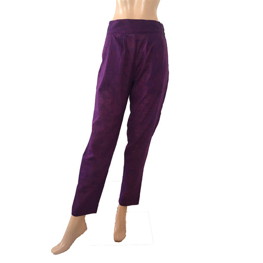 Woven Slub Cotton Pants with Side Zip & Pockets, Back Elasticated, Purple,  PN1068