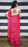 Handloom Mulmul Cotton Saree with Woven Zari Stripes & Tassles, Pink, SR1006