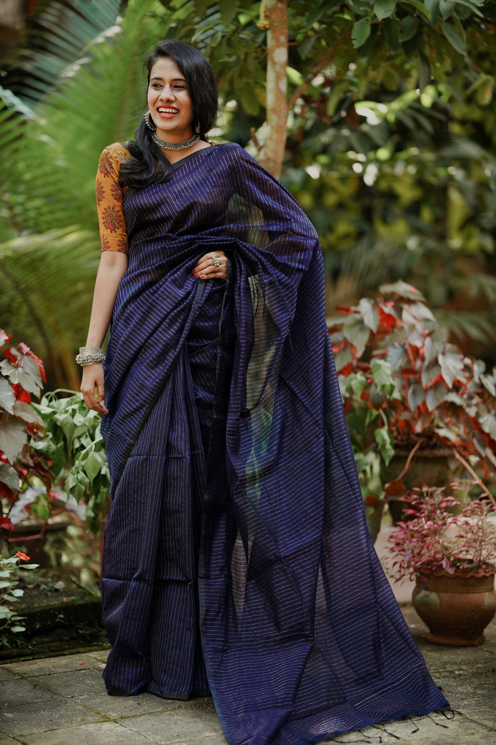 Batik Printed Cotton Saree in Navy Blue : SJRA6166