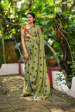 Handloom Mul Cotton Polka dot Saree with Tassles, Olive Green, SR1014