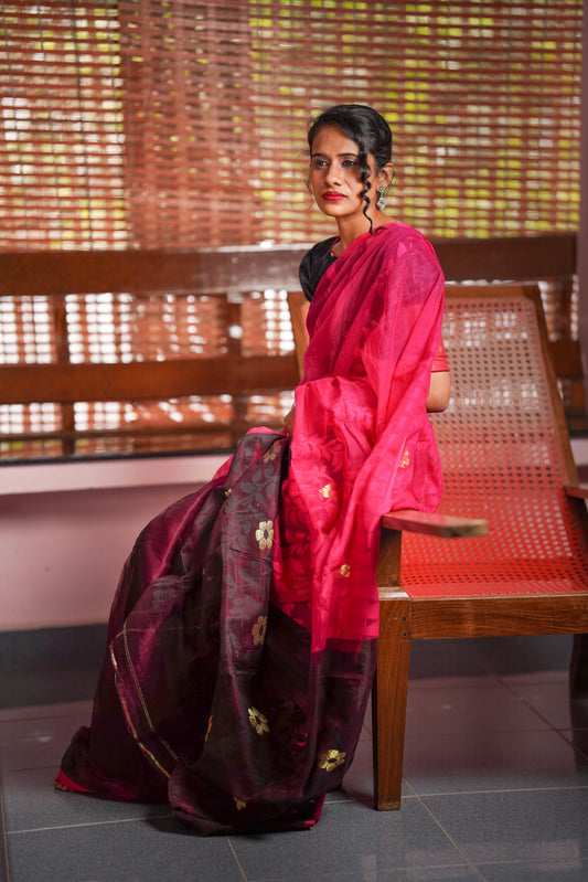 Blended Cotton Jamdhani Saree with Zari Butta,  Pink - Maroon, SR1015