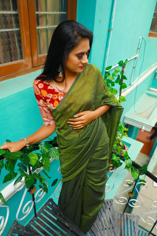 Handloom Mulmul Cotton Saree with Woven Zari Stripes & Tassles, Olive Green, SR1016