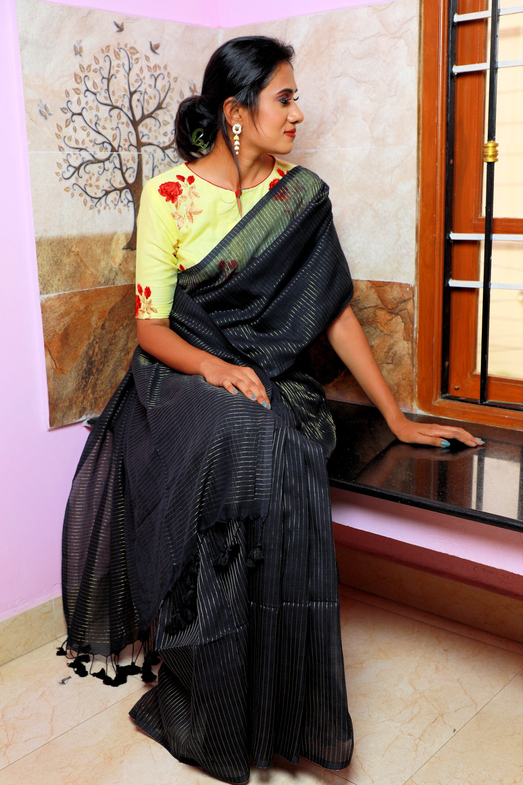 Handloom Mulmul Cotton Saree with Woven Zari Stripes & Tassles,  Black, SR1018