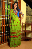 Handloom Mul Cotton Polka dot Saree with Tassles, Olive Green, SR1019