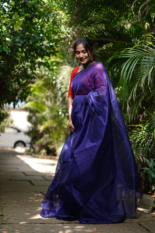 Blended Cotton Saree with Woven Zari Stripes & Tassles,  Royal blue, SR1029