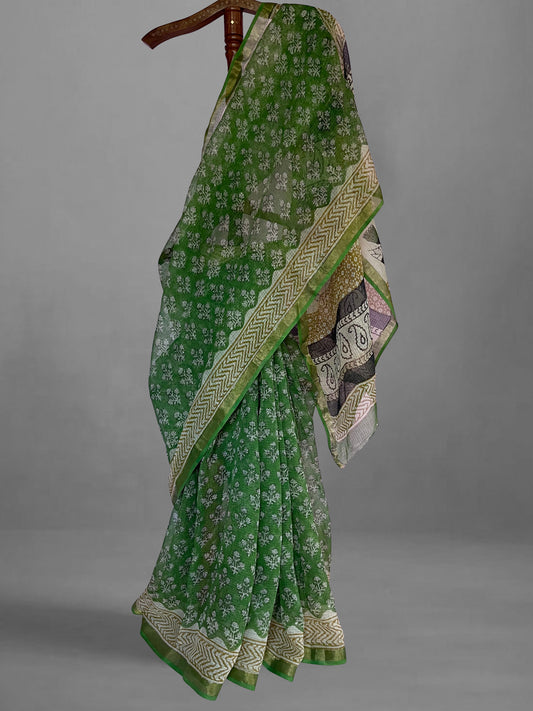 Pure Cotton Kota Doria Block Printed Saree with Zari Border,  Green, SR1032