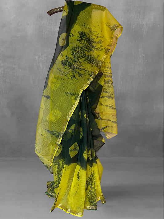 Pure Cotton Kota Doria Block Printed Saree with Zari Border,  Green - Yellow, SR1034